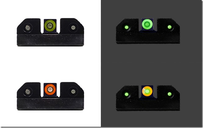 XS Ram Night Sights - Green and Orange on Left in Bright Light; Green and Orange on Right in Low Light